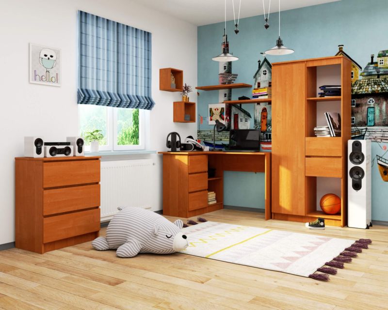 Hjørneskrivebord Akord B16 Ask 124 cm venstre 3 skuffer ask mat 2 hylder 124x85x77 cm 1 stk.