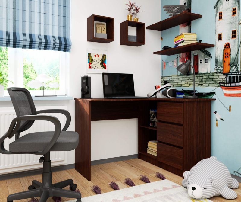 Hjørneskrivebord Akord B16 Wenge 124 cm højre 3 skuffer farve Wenge mat 2 hylder 124x85x77 cm 1 stk.