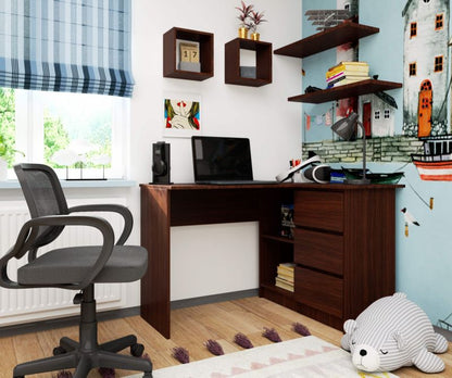 Hjørneskrivebord Akord B16 Wenge 124 cm højre 3 skuffer farve Wenge mat 2 hylder 124x85x77 cm 1 stk.