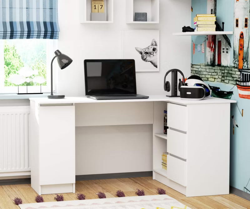Hjørneskrivebord Akord B20 Hvid 155 cm højre 1 dør 3 skuffer Mat hvid 4 hylder 155x85x77 cm 1 stk.