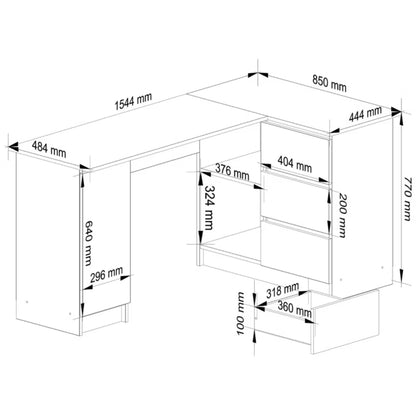 Hjørneskrivebord Akord B20 Hvid 155 cm højre 1 dør 3 skuffer farve Sonoma Eg mat 4 hylder 155x85x77 cm 1 stk.