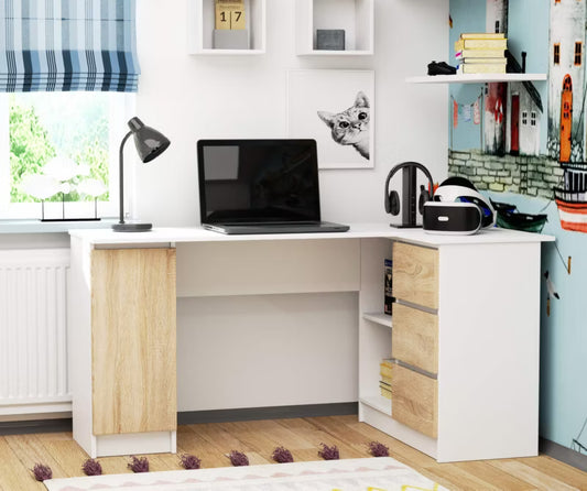 Hjørneskrivebord Akord B20 Hvid 155 cm højre 1 dør 3 skuffer farve Sonoma Eg mat 4 hylder 155x85x77 cm 1 stk.