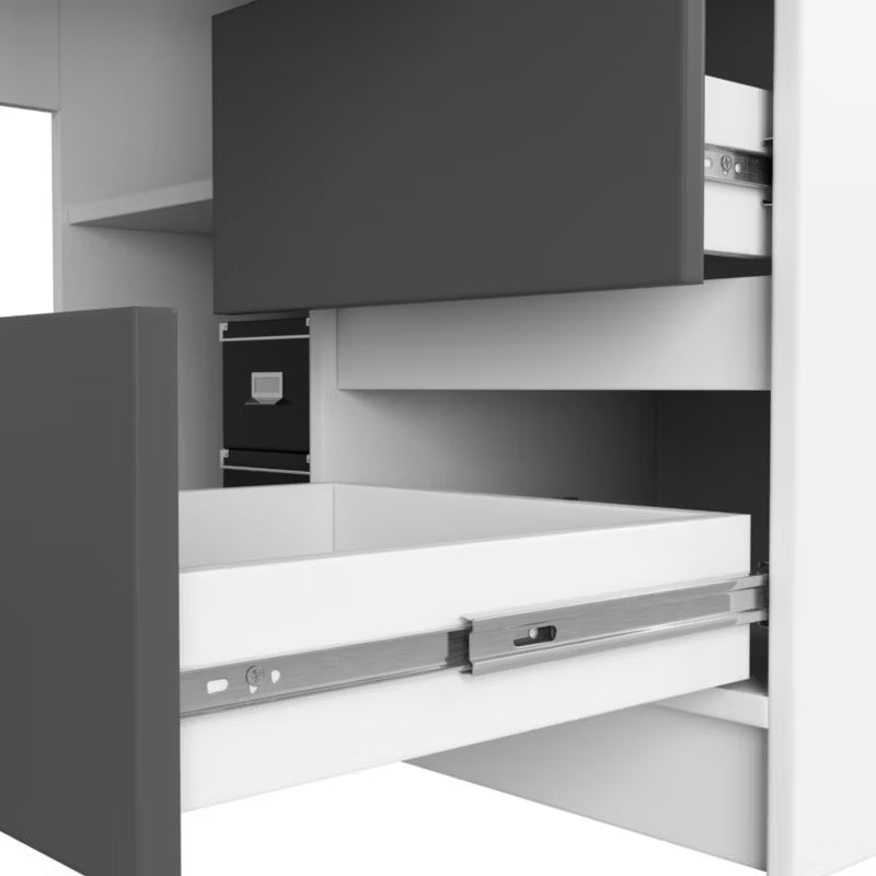 Hjørneskrivebord Akord B20 Hvid 155 cm højre 1 dør 3 skuffer Grafitgrå mat 4 hylder 155x85x77 cm 1 stk.