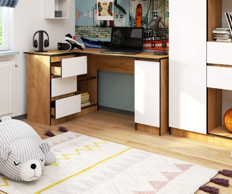 Hjørneskrivebord Akord B20 Eg Craft 155 cm venstre 1 dør 3 skuffer hvid mat 4 hylder 155x85x77 cm 1 stk.