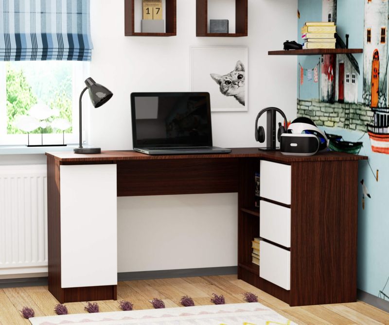 Hjørneskrivebord Akord B20 Wenge 155 cm højre 1 dør 3 skuffer hvid mat 4 hylder 155x85x77 cm 1 stk.