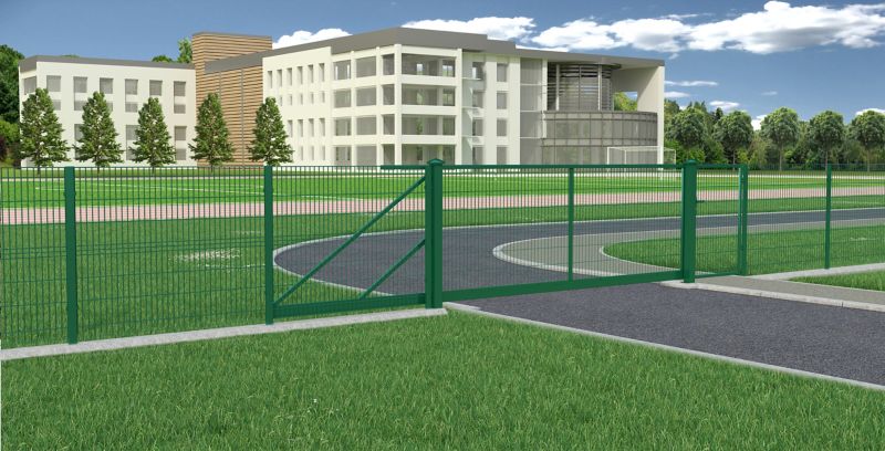 Tofløjet panelport Polbram Steel Group 2D 400 x 150 cm med 5 x 20 cm masker i grøn galvaniseret finish