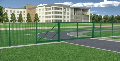 Tofløjet panelport Polbram Steel Group 2D 400 x 150 cm med 5 x 20 cm masker i grøn galvaniseret finish