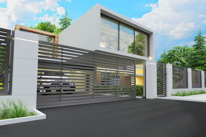 Tofløjet indkørselport Polbram Steel Group Brava 400 x 150 cm