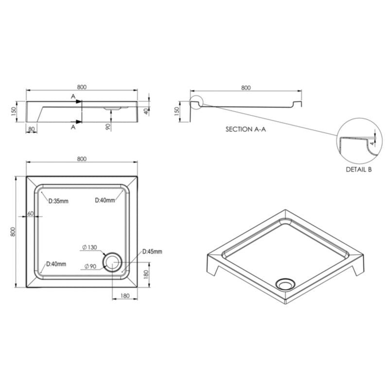 Akrylbrusebad 80x80x15 cm Hvid Antiskrid