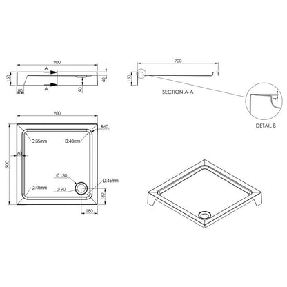 Kvadratisk Akryl Brusebakke 90x90x15 cm Hvid Antiskrid