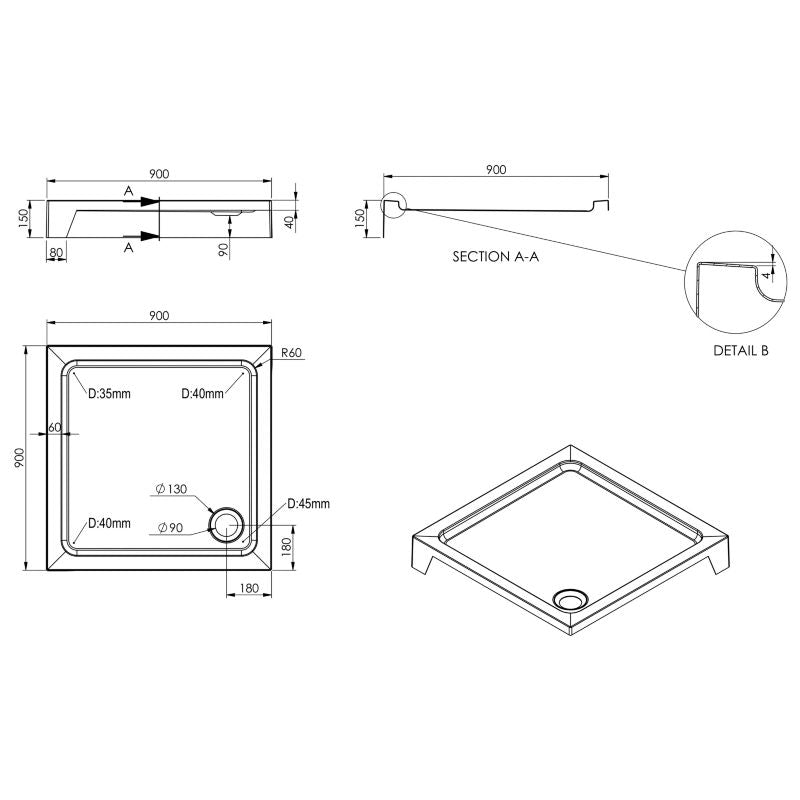 Kvadratisk Akryl Brusebakke 90x90x15 cm Hvid Antiskrid