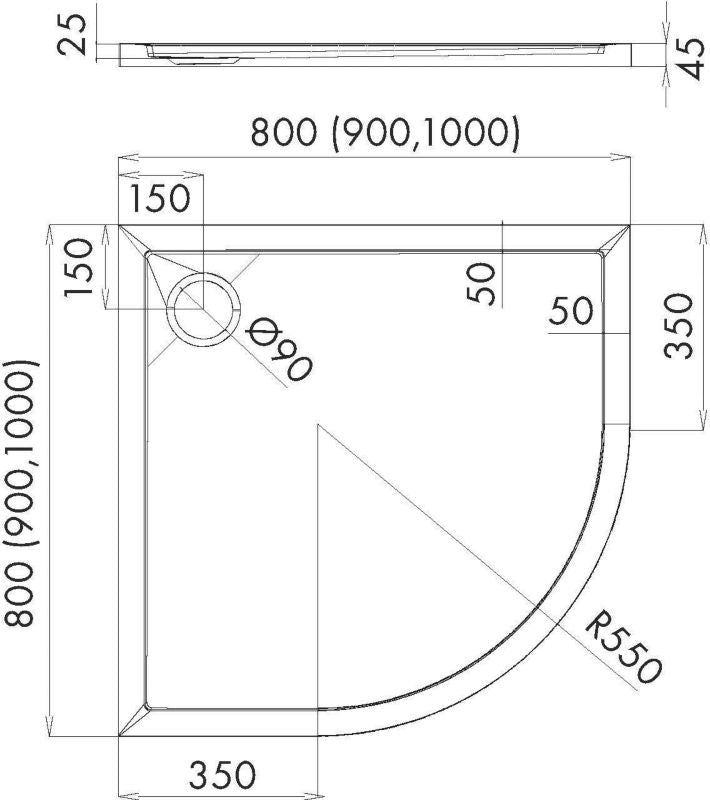 Schedpol Atla halv-rund akrylbrusebund 80 x 4,5 cm mat-sort