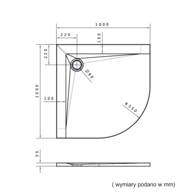 Komposit Brusebund Minera Halvcirkelformet 100x100x3,5 cm Hvid Struktureret | MA485/B/ST