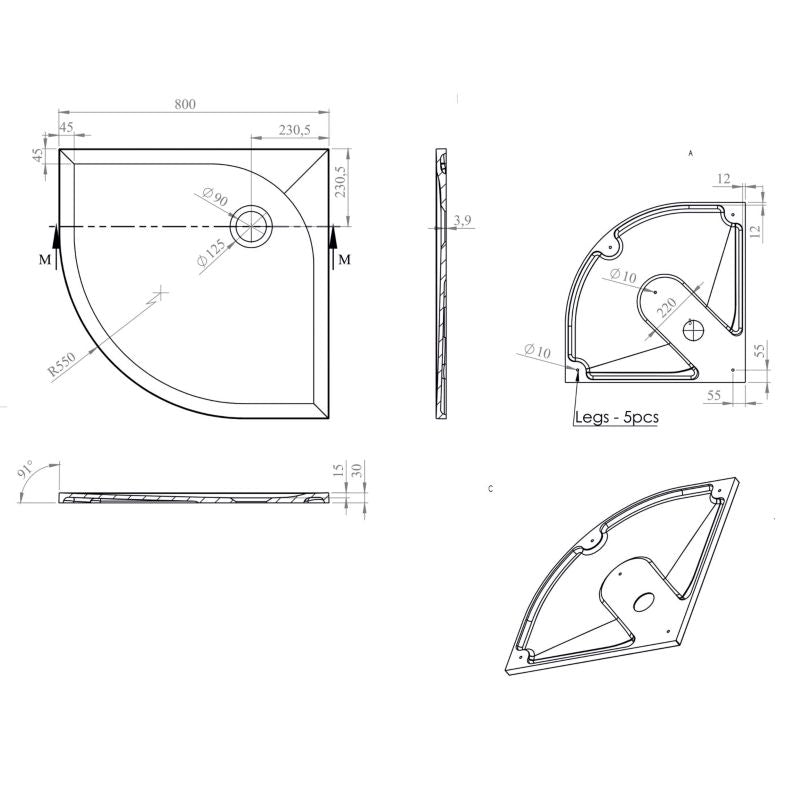 Konglomeratbrusebakke Cavally Halvrund 80 x 80 cm Hvid