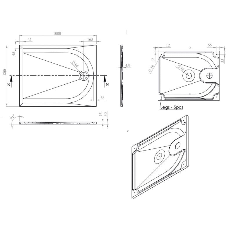 Konglomeratbrusebakke Cavally Rektangulær 80x100 cm Hvid