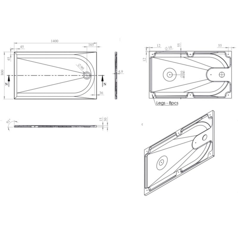 Konglomeratbrusebakke Cavally Rektangulær 80 x 140 x 3 cm Hvid