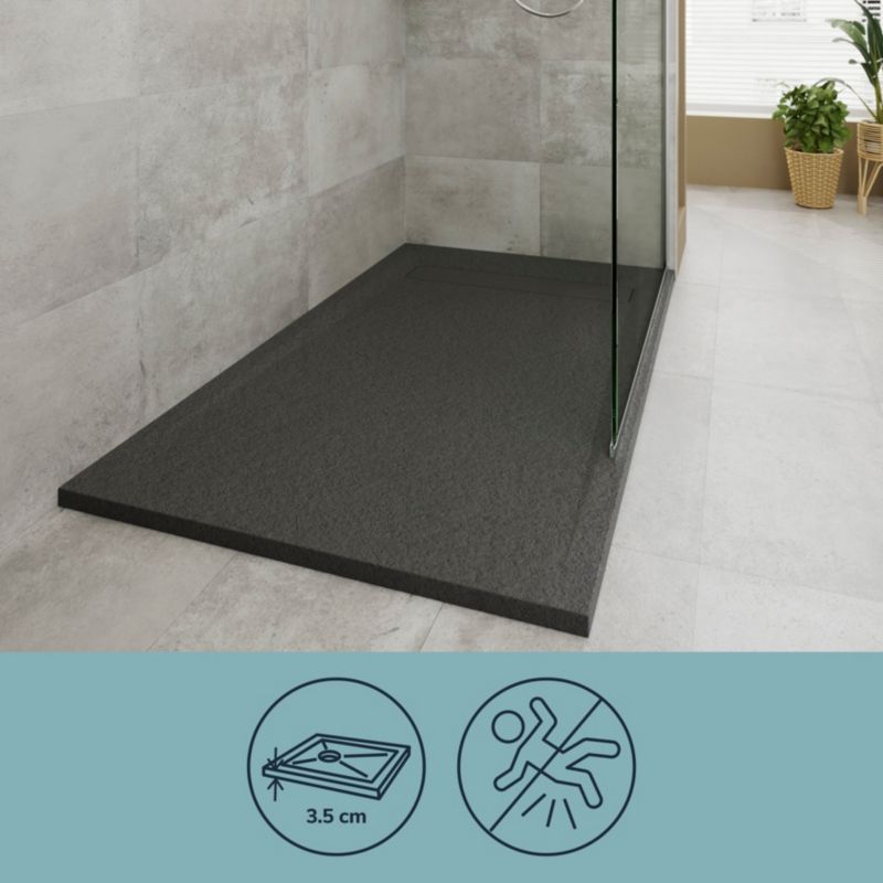 GoodHome Luiro rektangulær konglomeratbrusebund 90 x 120 x 3,2 cm mat-sort