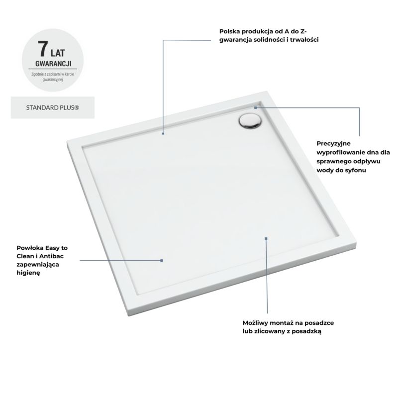 Akrylbrusebund Atla 80x80 cm Hvid Glat
