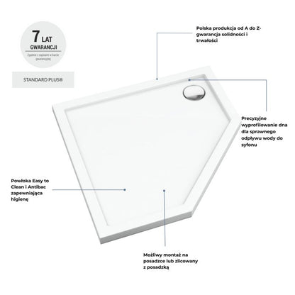 Akrylbrusebad Pentagon 80x80x4,5 cm Hvid Glat