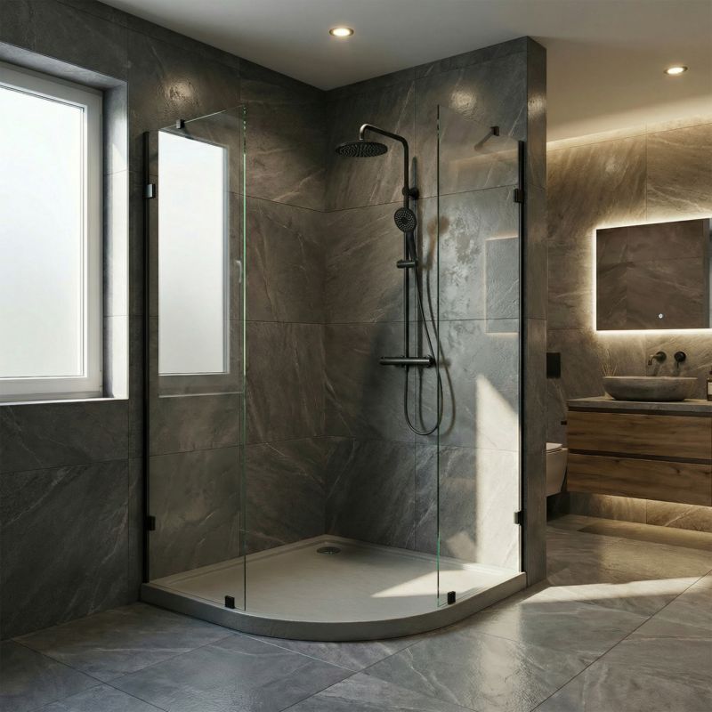 Akrylbrusebund Halvrund 80x80 cm Beton Antiskrid