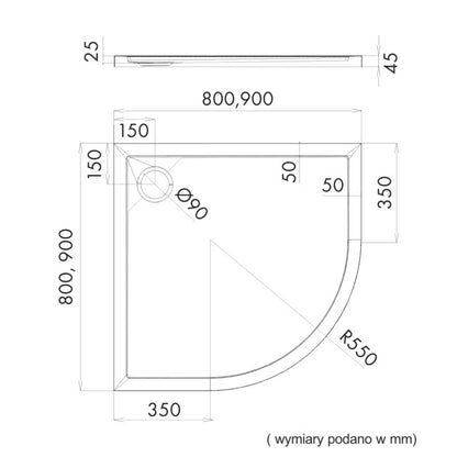 Akrylbrusebad Schedpol Atla Halvrund 80x80 cm Sort Strukturel