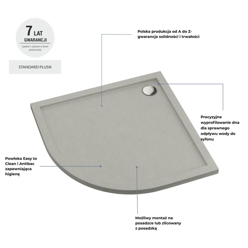 Halvrund Akrylbruserbakke Atla 90x90 cm Betonlook Antiskrid