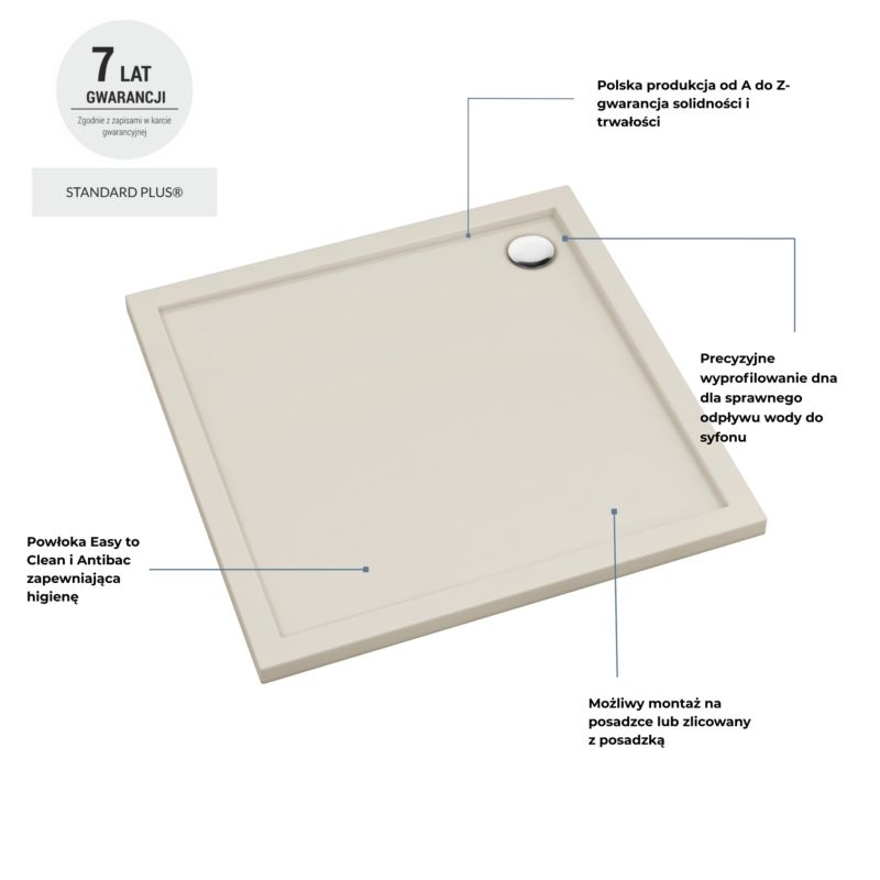 Akrylbrusebad 90x90 cm Firkantet Cashmere Mat Antimikrobiel