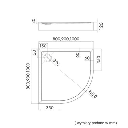 Halvcirkulær Brusebund 80x80x12 cm Sort Stenstruktur | MA01631/C/ST