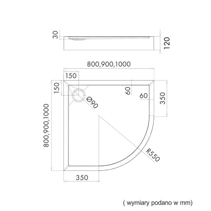 Akrylbrusebund Halvrund 90x90x12 cm Sort Struktur Stabilsound