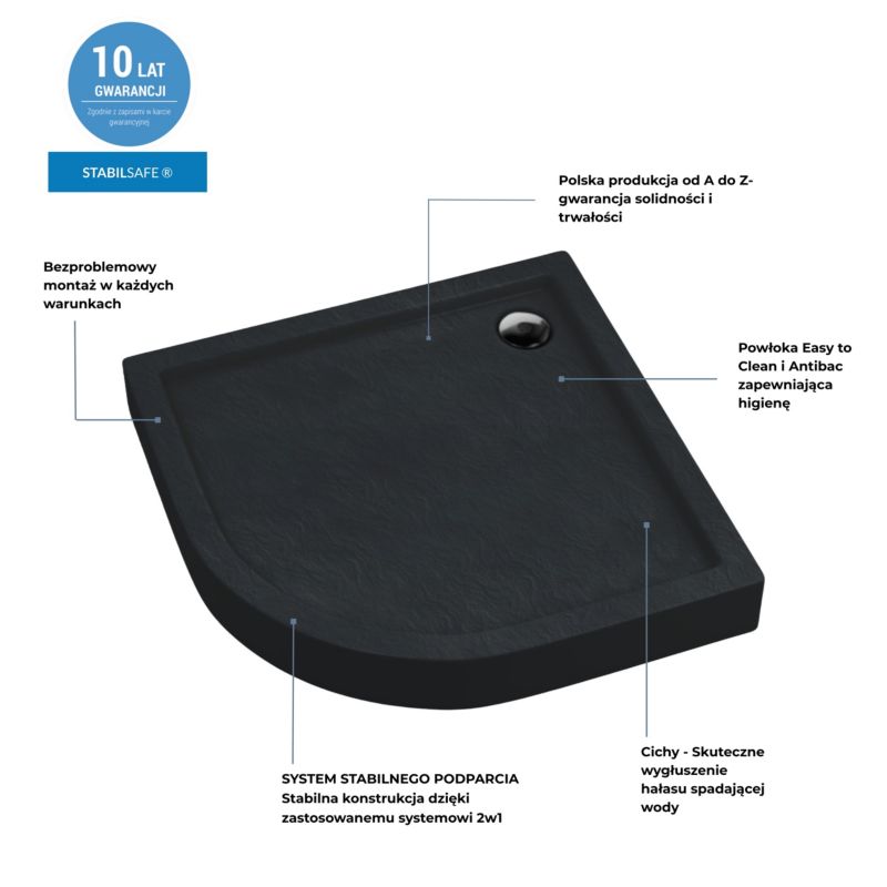 Akrylbrusebund Halvrund 90x90x12 cm Sort Struktur Stabilsound