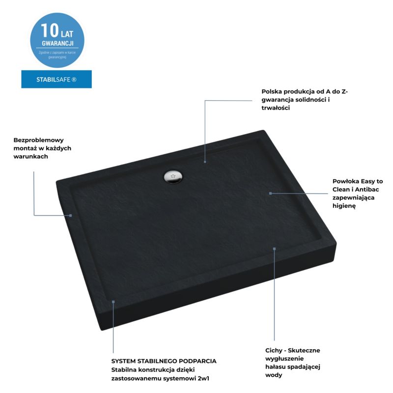 Akrylbrusebakke Lena New Black Stone 80x100x12 cm Sort Strukturel