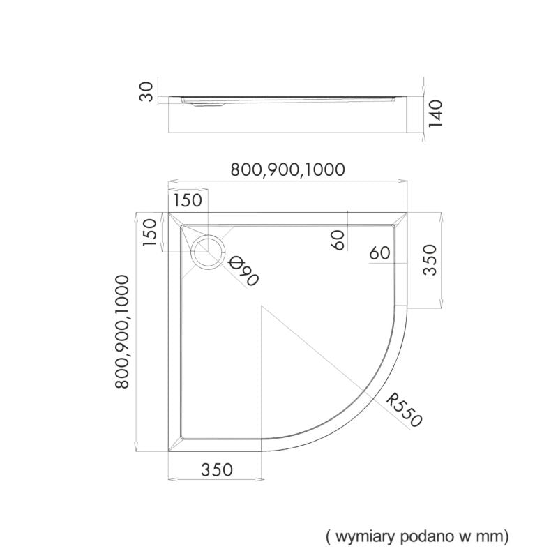 Akrylbrusebund Lena Halvrund 90x90 cm Hvid Glat