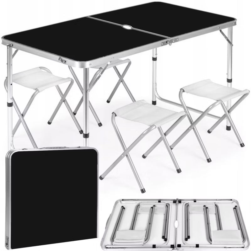 Campingbord 120x60 cm Sort med 4 Taburetter