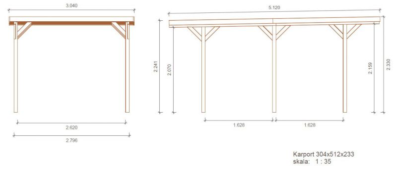 Carport ALTANKA 3,04x5,12 m - 15,57 m², træ, 1 stk.