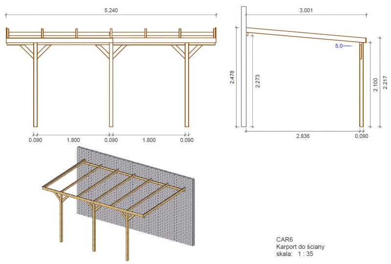 Carport ALTANKA 3x5,24 m - 15 m² - vægmonteret træcarport, 1 stk.