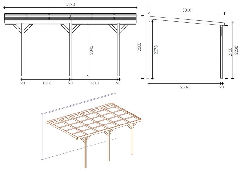 Carport carport ALTANKA 3x5,24 m - 15 m² - vægmonteret, træ, 1 stk.