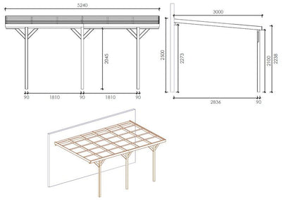 Carport carport ALTANKA 3x5,24 m - 15 m² - vægmonteret, træ, 1 stk.