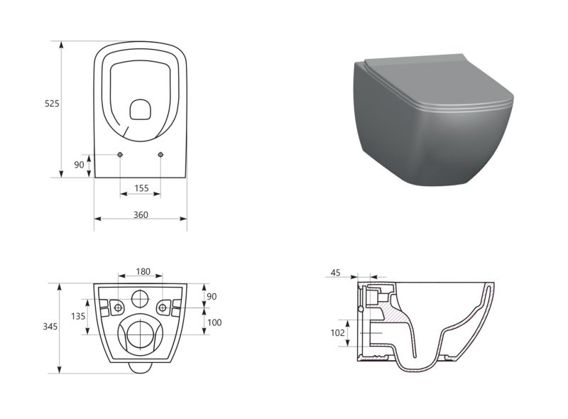 Væghængt Toilet Zen Pro Squere Vortex Hvid 36x52,5 cm