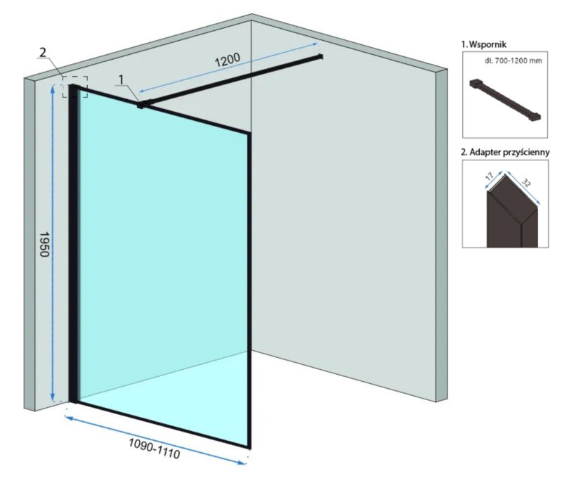 Brusebadsskærm 110 cm Sort Hærdet Glas | 5902557337545