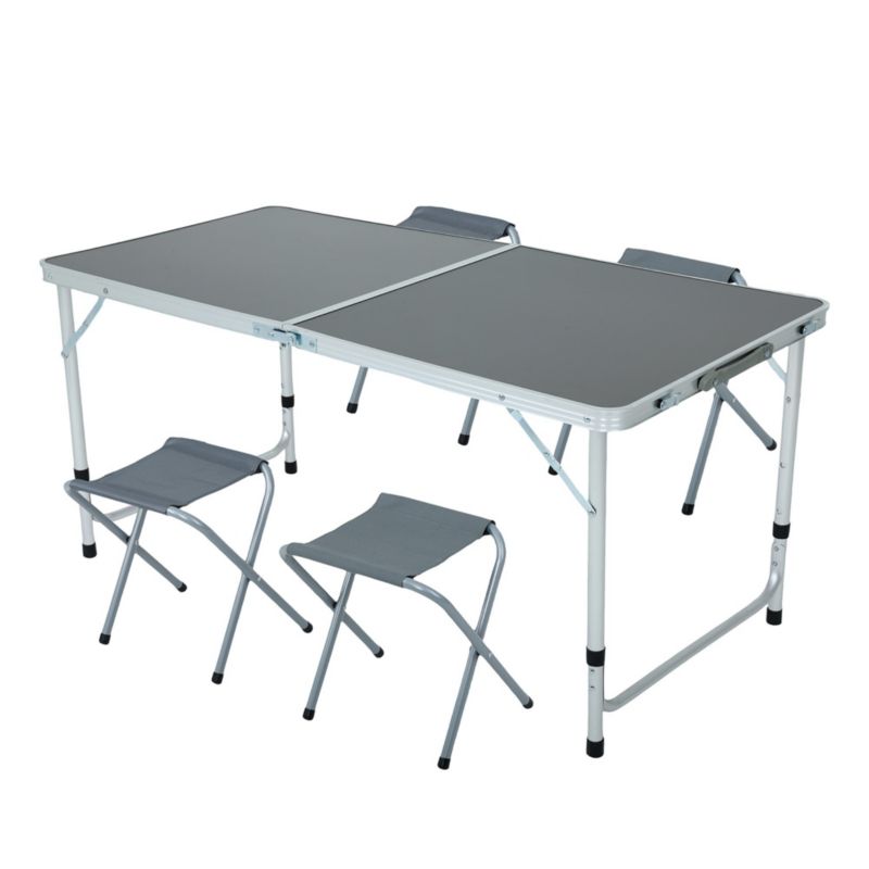 Mørkegråt campingbord Agis med 4 grå foldestole, mål 120 x 60 x 70 cm, 1 sæt