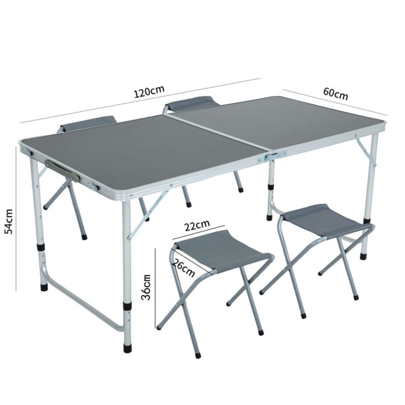 Mørkegråt campingbord Agis med 4 grå foldestole, mål 120 x 60 x 70 cm, 1 sæt