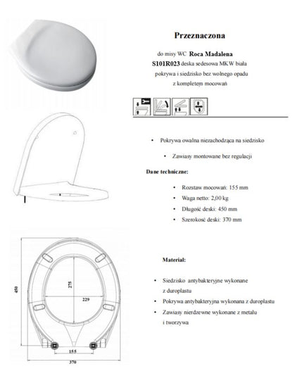 Toiletsæde til Roca Madalena Keramik Hvid Duroplast Antibakteriel 5903938510403