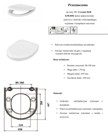 Toiletsæde Duroplast Hvid Antibakteriel Wolnoopadająca 441x358 mm