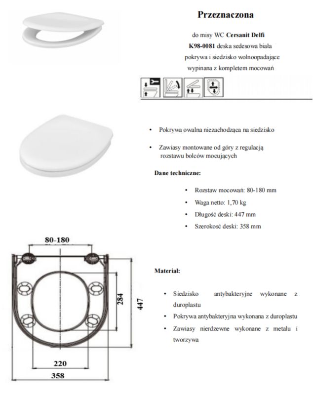 Toiletsæde Duroplast Hvid Antibakteriel Wolnoopadająca 441x358 mm