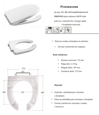 Toiletsæde til Handicappede til Roca Koło Hvid 447x373 mm 160 kg