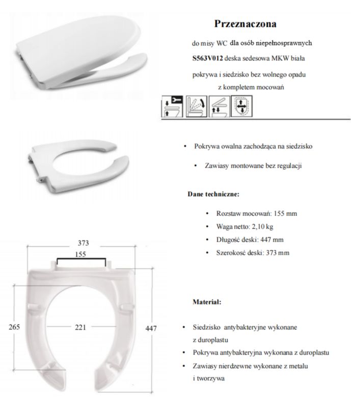 Toiletsæde til Handicappede til Roca Koło Hvid 447x373 mm 160 kg