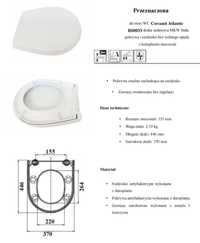 Toiletsæde i Duroplast Hvid Antibakteriel 43,3 x 37 cm