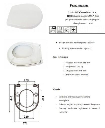 Toiletsæde i Duroplast Hvid Antibakteriel 43,3 x 37 cm