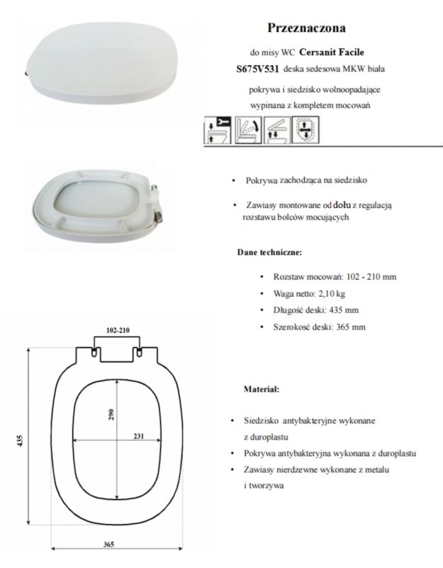 Toiletsæde Duroplast Antibakteriel Aftagelig Hvid 43x36 cm