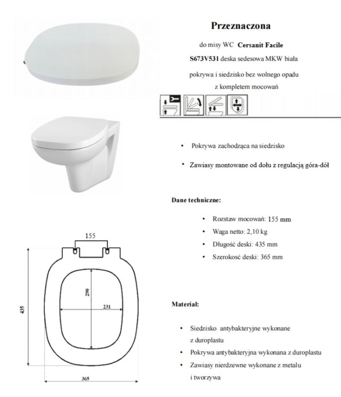 Toiletsæde Duroplast Antibakterielt Hvid 43,4x36,5 cm 160 kg